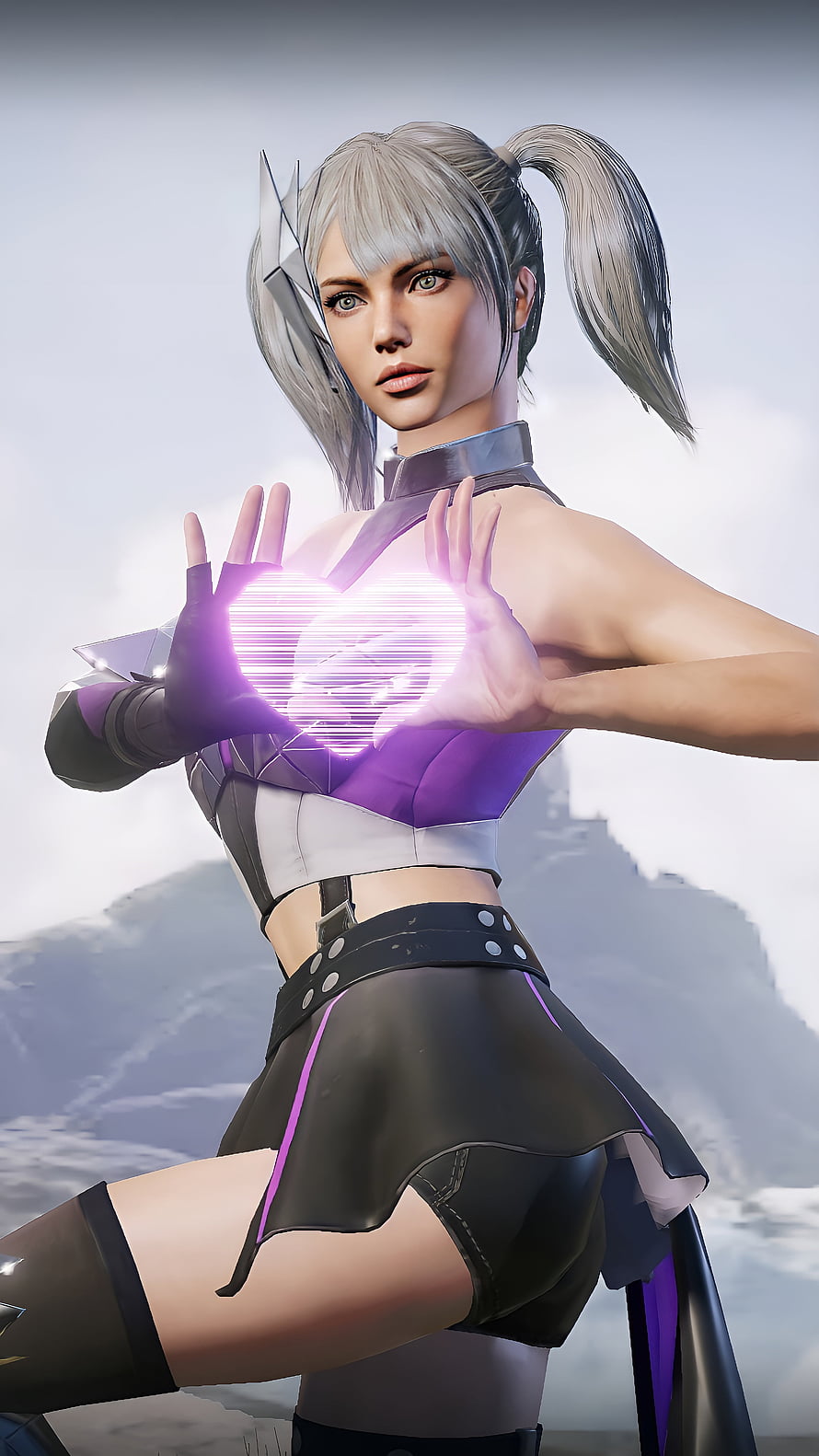Silver-haired female warrior with glowing purple heart energy in futuristic combat outfit HD phone wallpaper