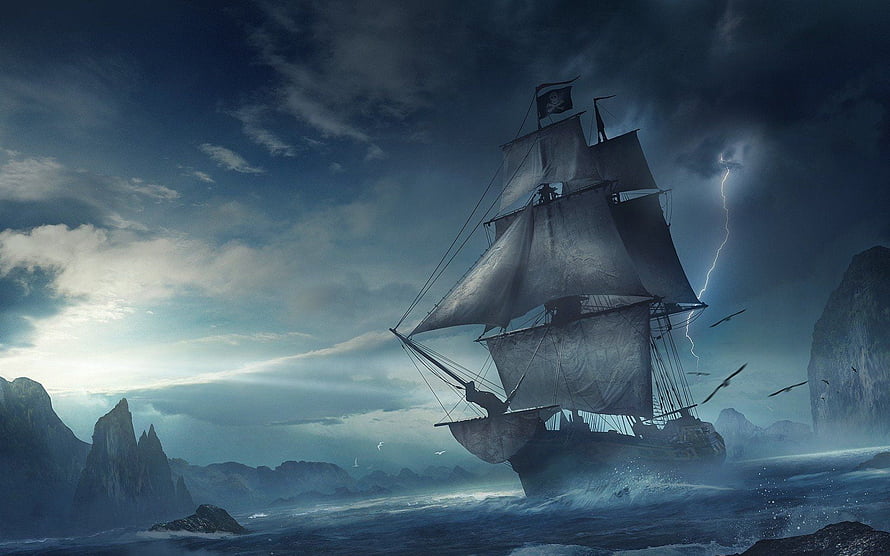 Pirate Galleon Battling a Stormy Sea with Lightning and Rocky Cliffs HD wallpaper