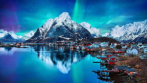 Reine Village Lofoten Norway Aurora Borealis Northern Lights Snowy Mountains Reflection HD wallpaper