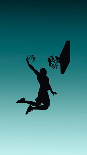 Silhouette of a basketball player executing a powerful dunk against a teal gradient background HD phone wallpaper