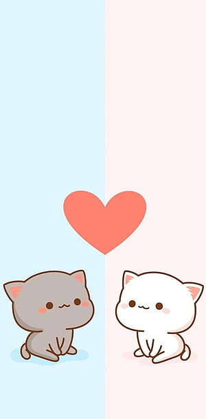 Cute Kawaii Mochi Mochi Peach Cat Couple with Heart on Pastel Background HD phone wallpaper