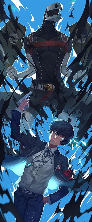 Persona 3 Thanatos and Protagonist Anime Illustration with Gun and Dark Energy HD phone wallpaper