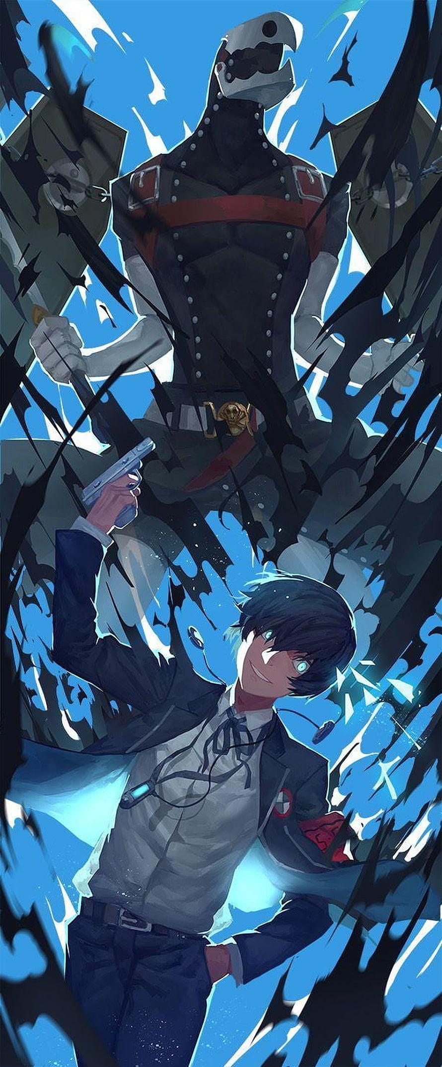 Persona 3 Thanatos and Protagonist Anime Illustration with Gun and Dark Energy HD phone wallpaper