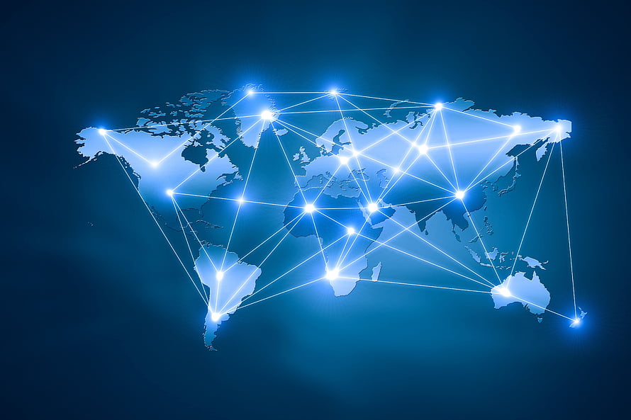 Global Digital Network Map with Glowing Connection Nodes on Dark Blue Background HD wallpaper