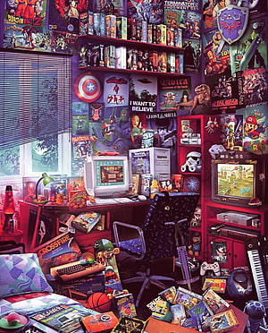 Retro 90s Gamer Bedroom Interior With Vintage Consoles, Posters, And Collectibles HD phone wallpaper