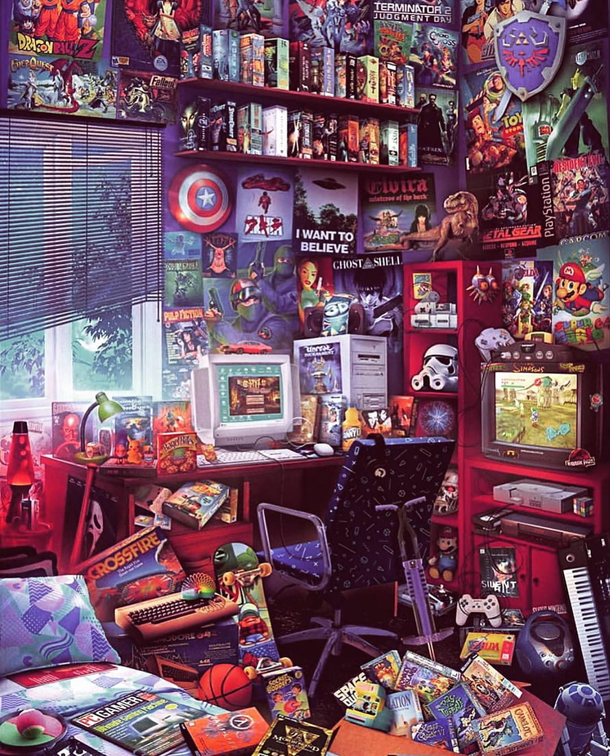 Retro 90s Gamer Bedroom Interior With Vintage Consoles, Posters, And Collectibles HD phone wallpaper