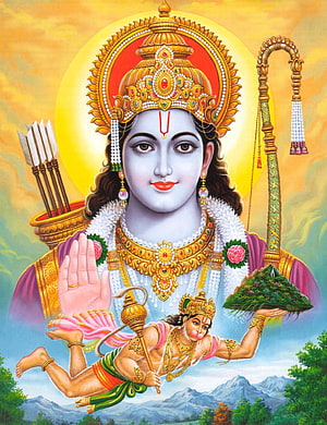Lord Rama with Hanuman Carrying Dronagiri Mountain Hindu Mythology Art, Hindu God Group - Ram God HD phone wallpaper