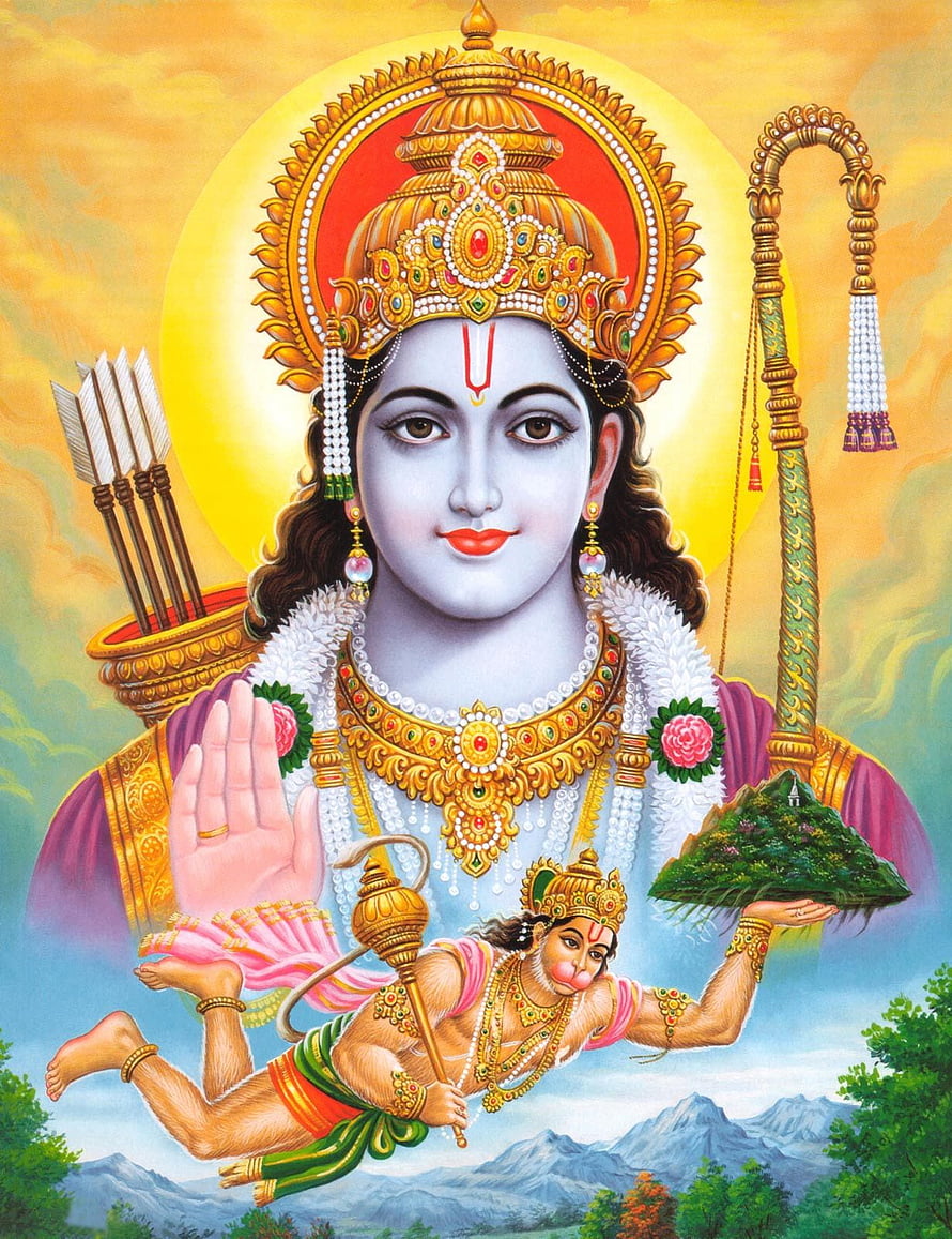 Lord Rama with Hanuman Carrying Dronagiri Mountain Hindu Mythology Art, Hindu God Group - Ram God HD phone wallpaper