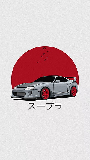 Toyota Supra JZA80 Minimalist Illustration with Red Sun and Birds HD phone wallpaper