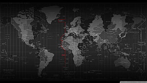 Dark World Map With Red Time Zone Line And Grid Overlay HD wallpaper