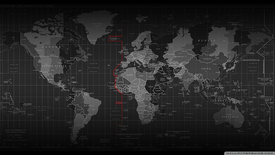 Dark World Map With Red Time Zone Line And Grid Overlay HD wallpaper
