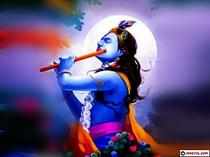 Lord Krishna Playing the Flute Under a Full Moon with Peacock Feather Crown HD wallpaper