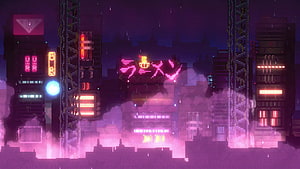 Neon-lit Cyberpunk Pixel Art Cityscape with Glowing Signs and Foggy Atmosphere HD wallpaper