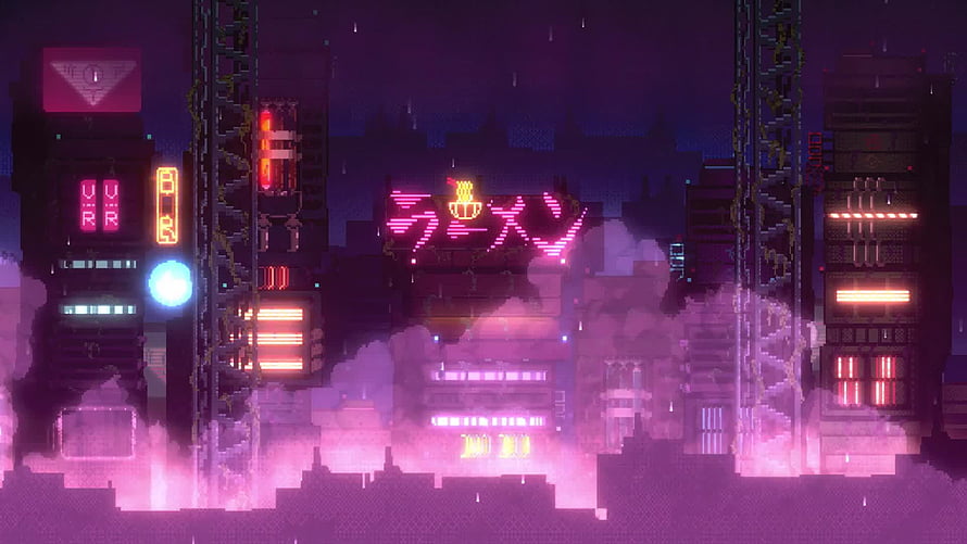 Neon-lit Cyberpunk Pixel Art Cityscape with Glowing Signs and Foggy Atmosphere HD wallpaper
