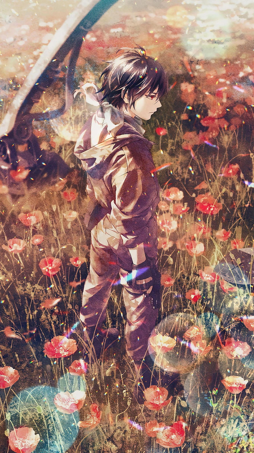 Anime Character Standing in a Field of Red Poppy Flowers with Warm Lighting HD phone wallpaper