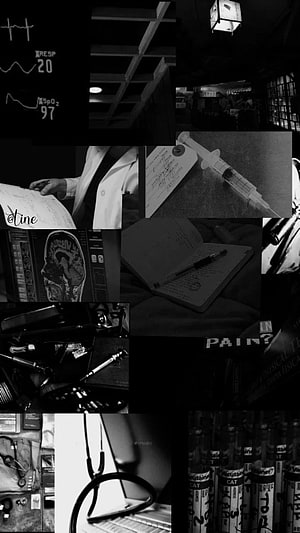 Dark Medical Aesthetic Collage Featuring Stethoscope, Syringe, and Brain Scan HD phone wallpaper