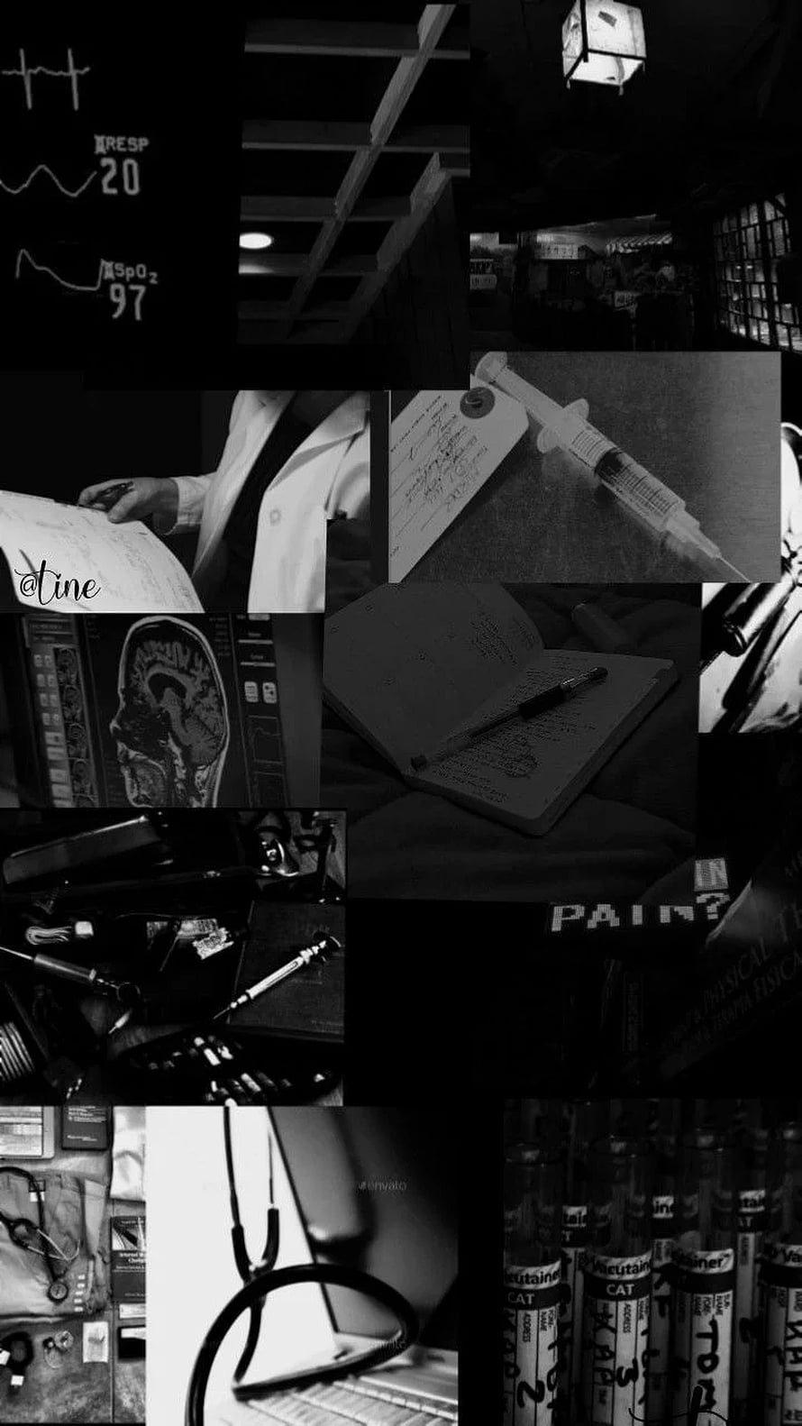 Dark Medical Aesthetic Collage Featuring Stethoscope, Syringe, and Brain Scan HD phone wallpaper