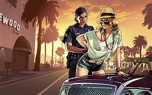 GTA San Andreas Artwork: Female Officer and Blonde Woman Leaning on Car at Sunset in Vinewood, Gta San Andreas HD wallpaper