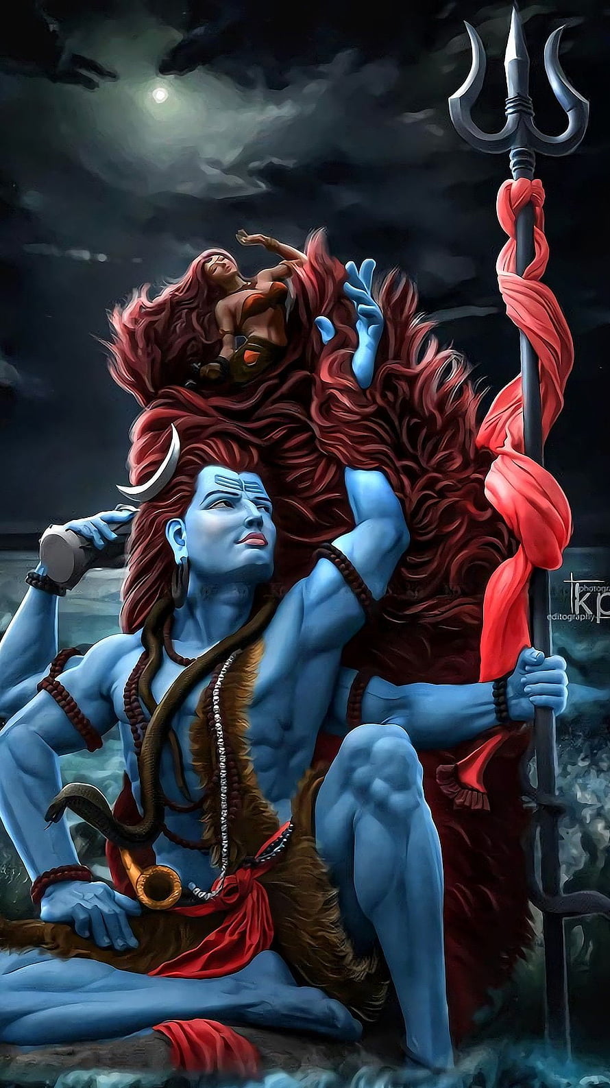 Blue-skinned Hindu deity Shiva holding trident with flowing red hair and cosmic imagery HD phone wallpaper