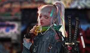 Cyberpunk Anime Girl With Horns And Dual Katana Swords In Neon Street HD wallpaper