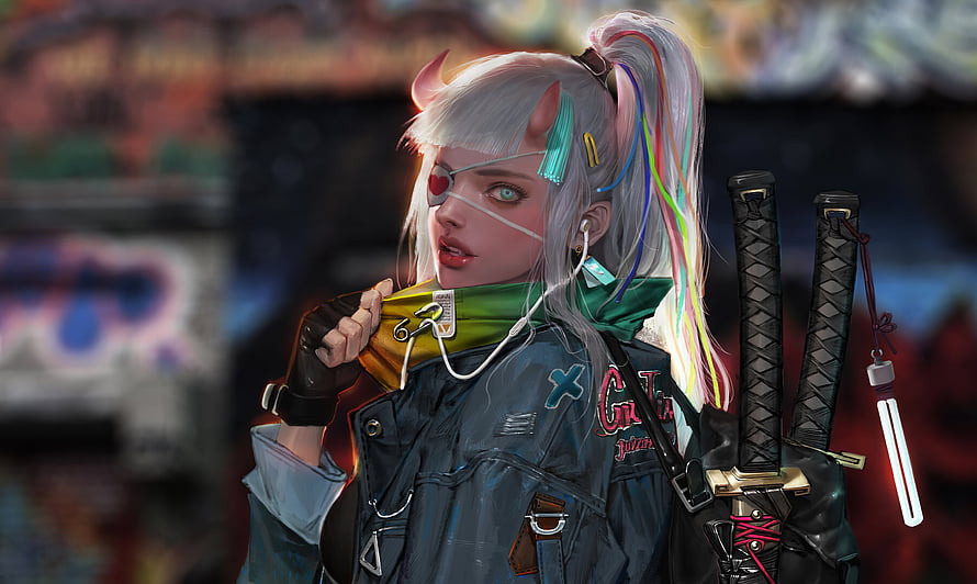 Cyberpunk Anime Girl With Horns And Dual Katana Swords In Neon Street HD wallpaper