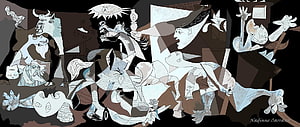 Cubist Interpretation of Guernica by Picasso Featuring Fragmented Figures and War Imagery HD wallpaper