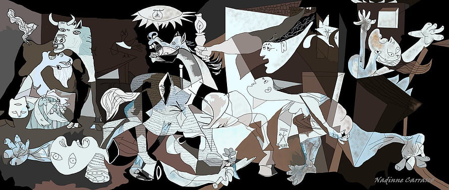 Cubist Interpretation of Guernica by Picasso Featuring Fragmented Figures and War Imagery HD wallpaper