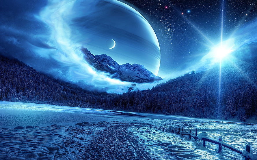 Fantasy Winter Landscape With Giant Planet And Snowy Mountains HD wallpaper