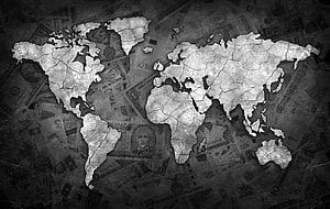 Grungy Black And White World Map With Cracked Texture And Currency Background HD wallpaper