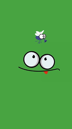 Cute Cartoon Face with Tongue Out and Fly on Green Background HD phone wallpaper