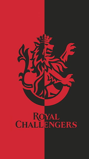 Royal Challengers Bangalore cricket team logo wallpaper featuring a red and black split background with a crowned lion emblem HD phone wallpaper