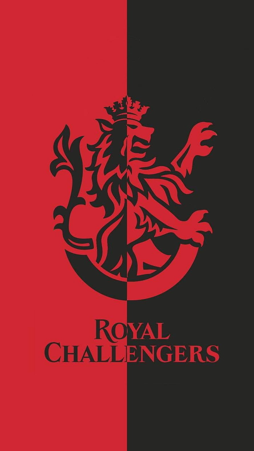 Royal Challengers Bangalore cricket team logo wallpaper featuring a red and black split background with a crowned lion emblem HD phone wallpaper