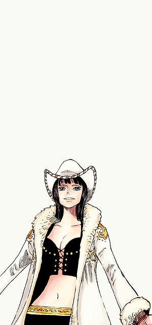 Nico Robin from One Piece in a white fur coat and cowboy hat, manga-style character illustration HD phone wallpaper