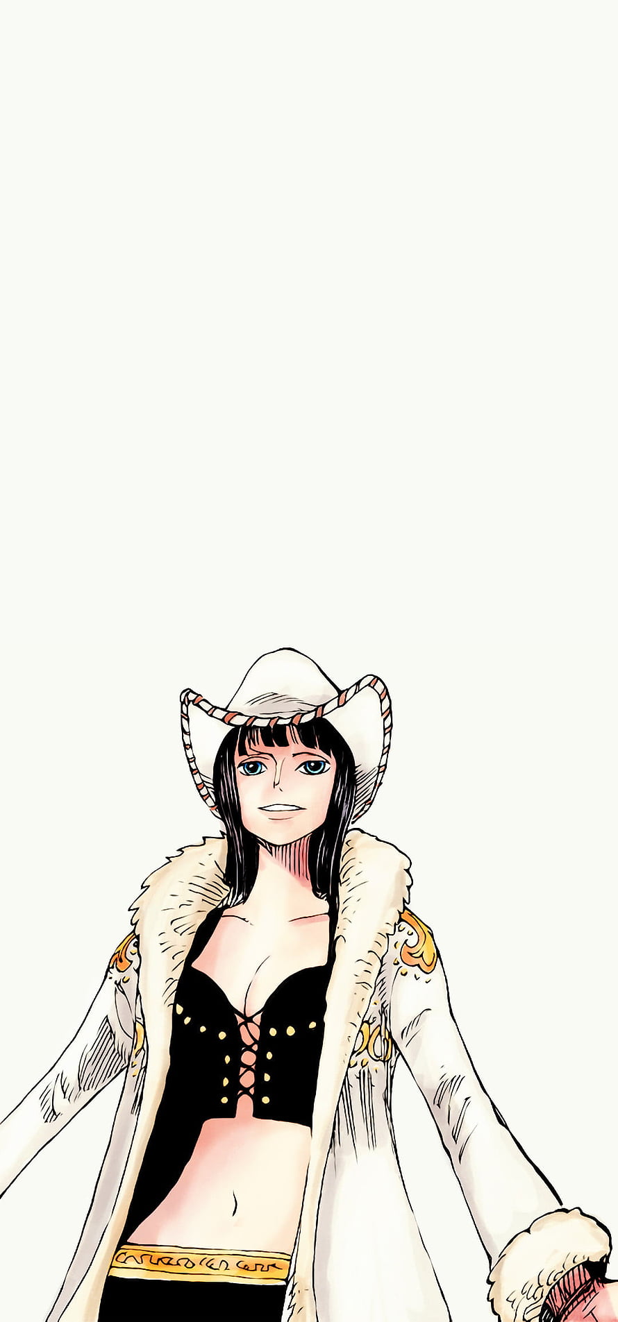 Nico Robin from One Piece in a white fur coat and cowboy hat, manga-style character illustration HD phone wallpaper