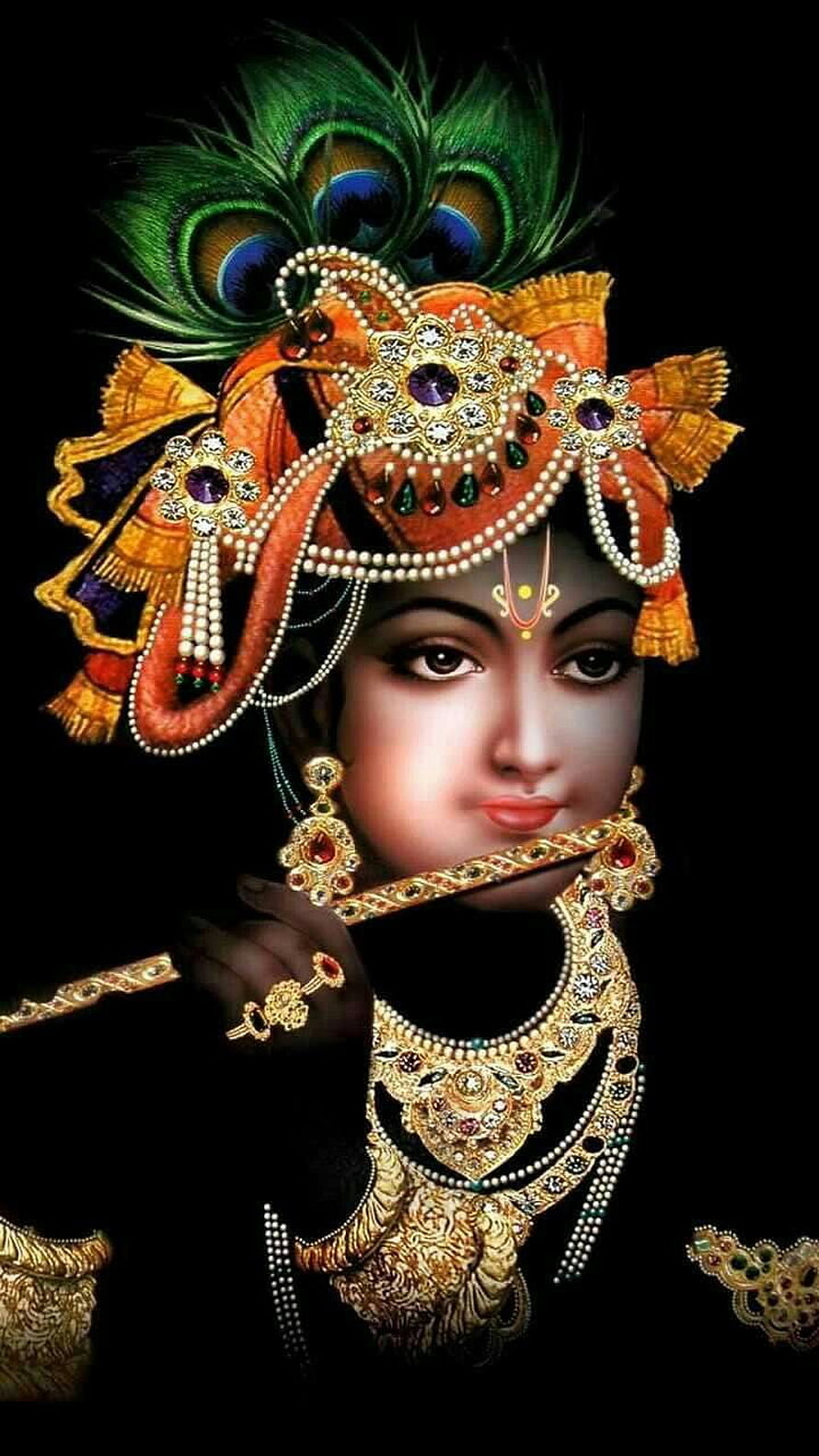 Lord Krishna Portrait with Peacock Crown and Flute HD phone wallpaper