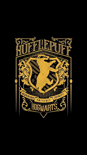 Hufflepuff Hogwarts Crest with Badger Emblem and House Values in Gold on Black HD phone wallpaper