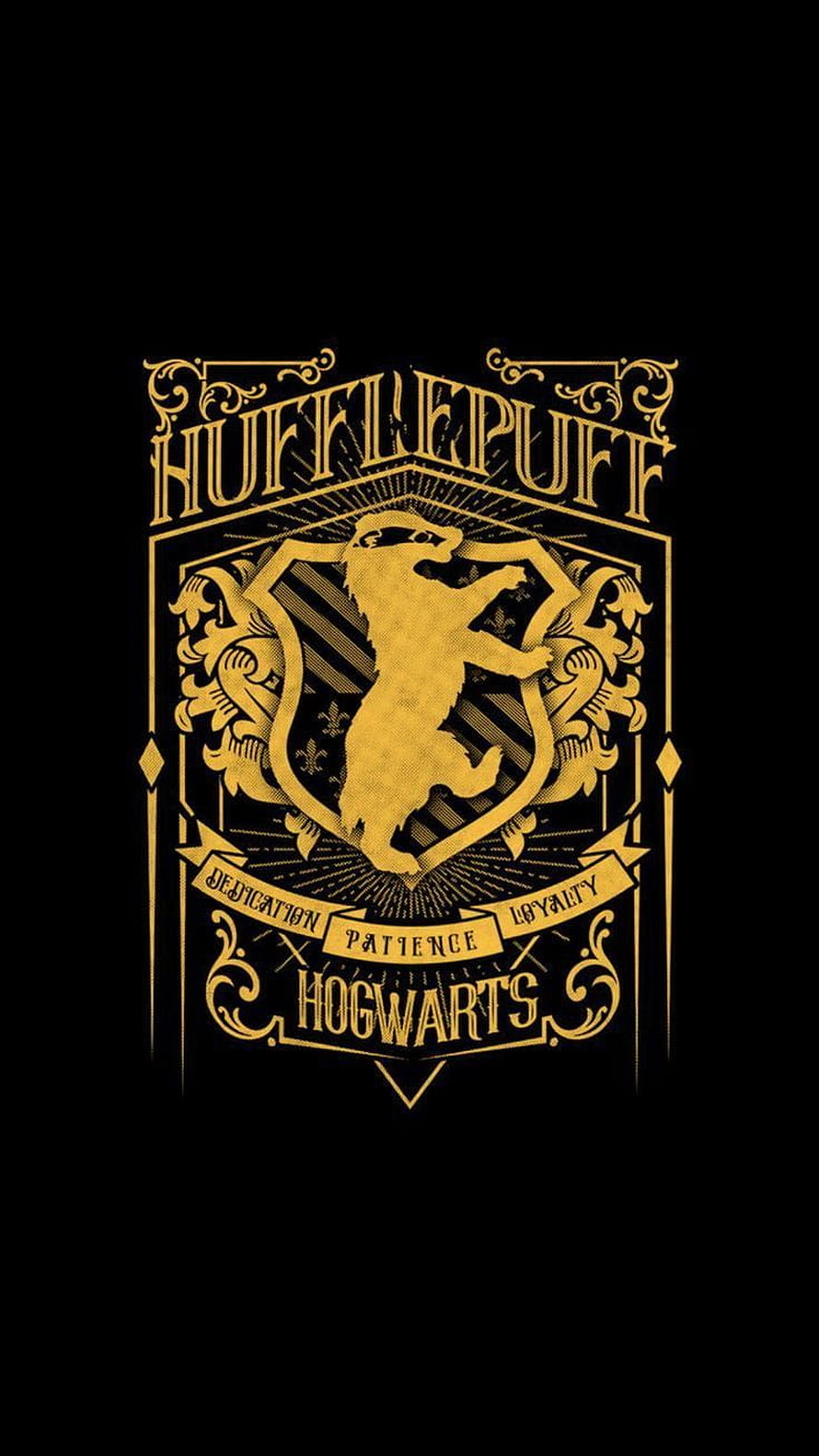 Hufflepuff Hogwarts Crest with Badger Emblem and House Values in Gold on Black HD phone wallpaper