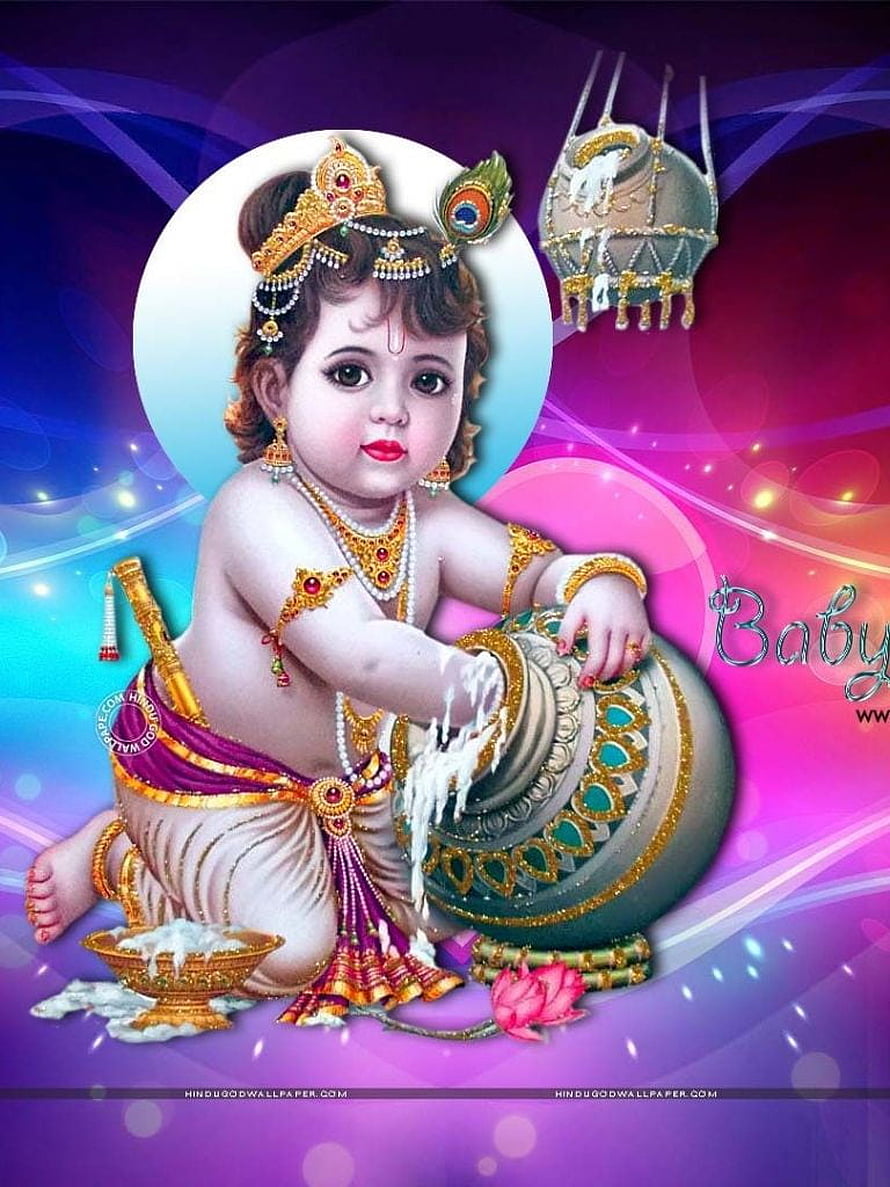 Baby Krishna Churning Butter in a Decorative Pot with Peacock Feather Crown HD phone wallpaper