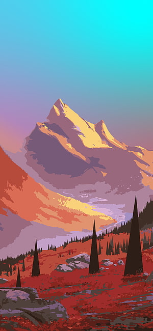 Stylized Mountain Landscape With Golden Peaks And Pine Trees HD phone wallpaper