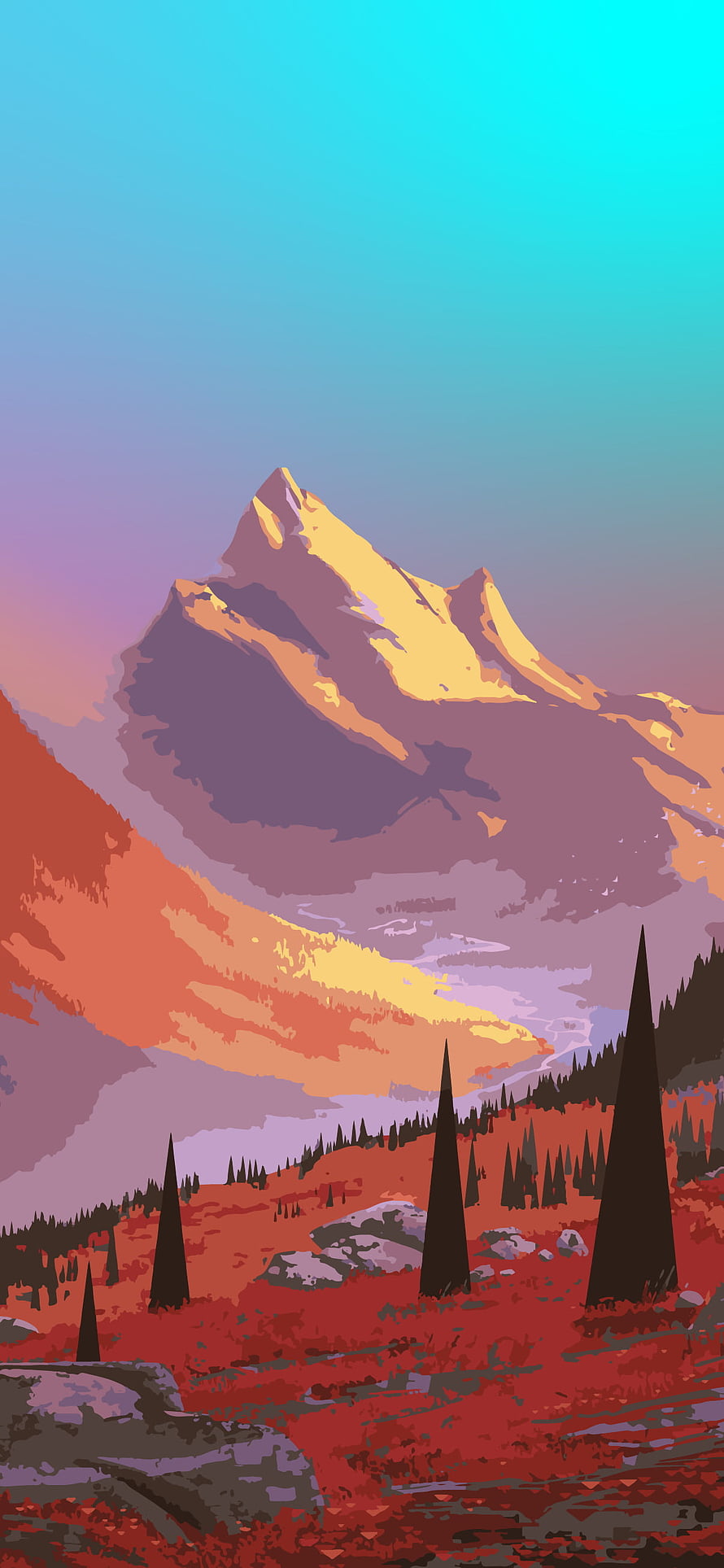 Stylized Mountain Landscape With Golden Peaks And Pine Trees HD phone wallpaper