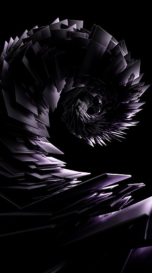 Dark Abstract 3D Geometric Spiral with Purple and Black Shards on Black Background HD phone wallpaper