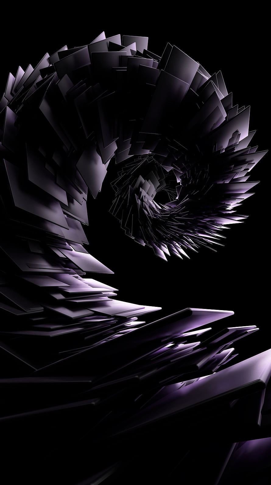 Dark Abstract 3D Geometric Spiral with Purple and Black Shards on Black Background HD phone wallpaper