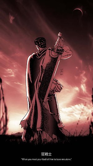 Guts Berserk Manga Warrior Standing With Sword Against Red Sky, Guts, berserk, griffith, r34ld1, manga, puck, zodd, hawk, anime, eclipse HD phone wallpaper