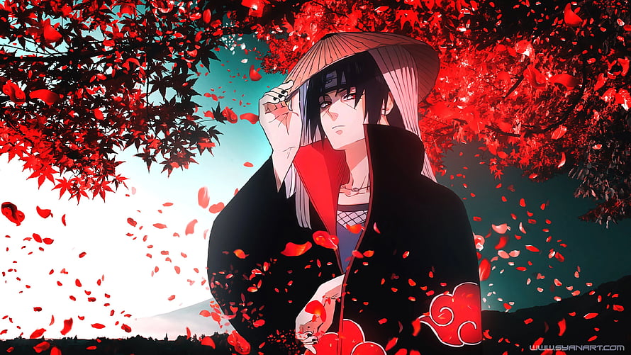 Itachi Uchiha Under Red Maple Leaves With Falling Petals Anime Wallpaper HD wallpaper