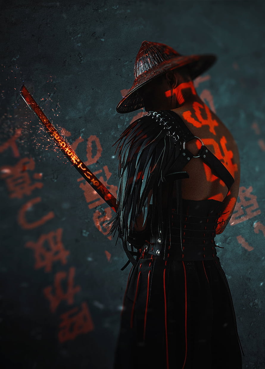 Dark Fantasy Samurai Warrior With Glowing Red Tattoos And Katana HD phone wallpaper