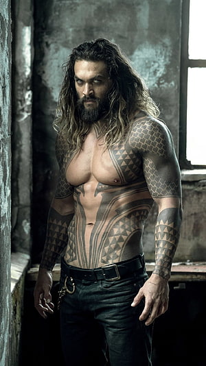 Jason Momoa as Aquaman with Tribal Tattoos in Dark Industrial Setting, Aquaman, hollywood movie, justice league HD phone wallpaper