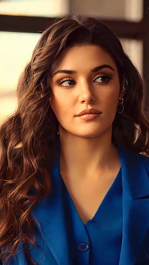 Hande Erçel Portrait in Blue Blazer with Wavy Hair HD phone wallpaper
