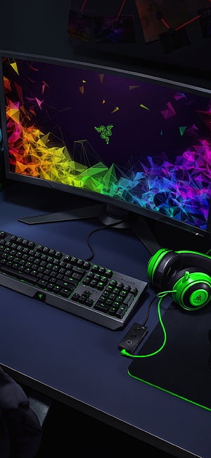 Razer Gaming Desk Setup with Curved Monitor, Mechanical Keyboard, and Headset HD phone wallpaper