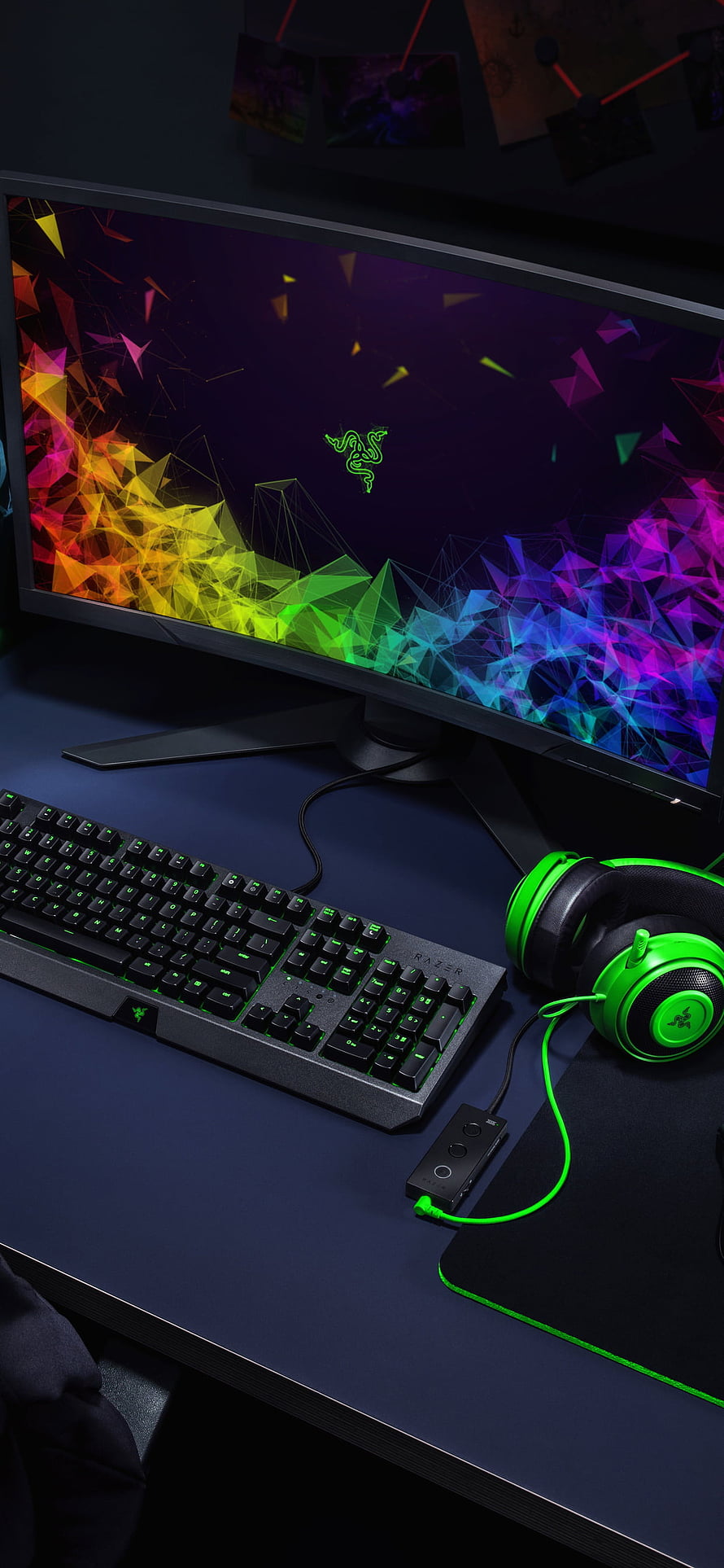 Razer Gaming Desk Setup with Curved Monitor, Mechanical Keyboard, and Headset HD phone wallpaper