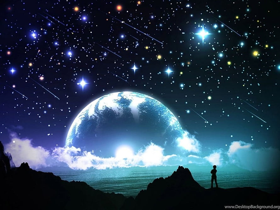 Silhouette of a person gazing at a glowing planet rising over a starry ocean horizon HD wallpaper